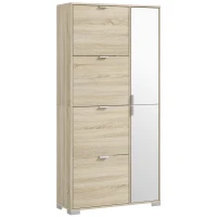 HOMCOM Etajeră pentru Pantofi cu Oglindă, 4 Sertare Rabatabile și 2 Dulapuri, 82x30x168 cm, Culoare Stejar(m-1)