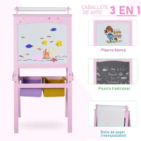 HOMCOM Pizarra de Doble Cara Caballete para Niños con Rollo de Papel y 2 Cestas de Almacenamiento 58,5x50,5x118 cm Rosa(m-4)