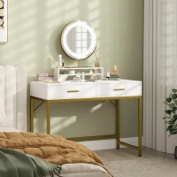 HOMCOM Kaptafel met 360° Spiegel, LED-verlichting, 2 Laden, Wit/Goud(m-10)