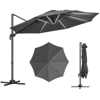 Outsunny Ombrellone a Braccio per Esterno con Luci a LED e Angolo Regolabile, in Alluminio e Poliestere Ø3x2.5 m, Grigio(m-11)