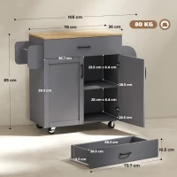 HOMCOM Isola da Cucina con Ruote, Cassetto e Ante 105x36x85 cm, Grigio(m-3)