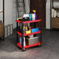 HOMCOM 3-Tier Workshop Tool Cart with Locking Wheels & Side Handle, 27.8 x 13.8 x 32.5 in — Red(m-4)