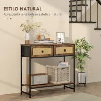 HOMCOM Mesa Consola Móvel de Entrada com Prateleira Aberta 2 Gavetas Frente em Vime Consola de Entrada 80x30x75 cm Marrom Rústico(m-4)