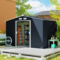 Outsunny 9 x 6ft Metal Bicycle Shed, Outdoor Storage Tool House with Ventilation Slots, Foundation Kit and Lockable Double Doors, Dark Grey(m-2)