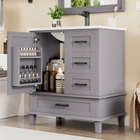 Bodenstehender Badezimmerschrank mit Waschbecken, vielfältiger Stauraum, 76 x 46 x 83,5 cm, Grau(m-5)