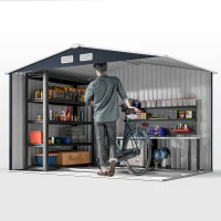 Outsunny 9 x 6ft Metal Bicycle Shed, Outdoor Storage Tool House with Ventilation Slots, Foundation Kit and Lockable Double Doors, Dark Grey(m-9)
