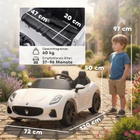 AIYAPLAY Coche Eléctrico Infantil Maserati 12V, 2 Plazas, Mando Parental, Luces LED y MP3, Blanco(m-3)