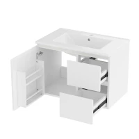 Wandhängender Badezimmerschrank mit LED-Radarsensor-Beleuchtung, zwei Schubladen und integriertem Keramikwaschbecken, 76x 46 x 50 cm, Weiß(m-1)