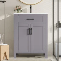 Armario de baño independiente con lavabo, estantes de doble puerta, cajones prácticos, estantes ajustables, 60x46x84,8 cm, Gris(m-2)