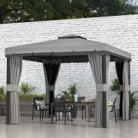 Outsunny 3 x 3(m) Patio Gazebo Canopy Garden Pavilion Tent Shelter Marquee with 2 Tier Roof, Netting and Curtains, Light Grey(m-2)