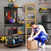 HOMCOM Banco da Lavoro con Pannello Portautensili Forato, 2 Ripiani e Cassetto, in Acciaio e Legno, 80x40.5x155 cm, Nero(m-8)