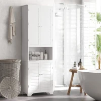 HOMCOM Tall Freestanding Bathroom Cabinet Retro Shutters w/ 3 Compartments Shelves Elevated Base Narrow Organiser White 60L x 30W x 182.5H cm(m-2)