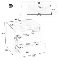 Wandhängender Badezimmerschrank mit LED-Radarsensor-Beleuchtung, zwei Schubladen und integriertem Keramikwaschbecken, 60 x 46 x 50 cm, Weiß(m-3)