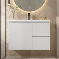 Wandhängender Badezimmerschrank mit LED-Radarsensor-Beleuchtung, zwei Schubladen und integriertem Keramikwaschbecken, 76x 46 x 50 cm, Weiß(m-2)