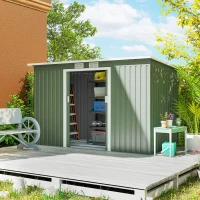 Outsunny 9ft x 4ft Metal Garden Shed, Outdoor Tool House with Foundation Kit, Ventilations and Double Doors, Light Green(m-2)