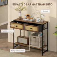 HOMCOM Mesa Consola Móvel de Entrada com Prateleira Aberta 2 Gavetas Frente em Vime Consola de Entrada 80x30x75 cm Marrom Rústico(m-5)