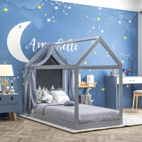 HOMCOM Single Bed Frame, House Scandinavian Style Wooden Bed Frame for 90W x 190Dcm Mattress, Pine Wood Bed Base, Grey(m-2)