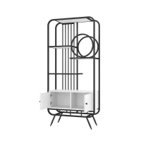 Metallregal mit drei Regalböden und runder Dekoration, weißer Lagerschrank mit Doppeltür, 80 x 30 x 180 cm, Weiß+Schwarz(m-9)