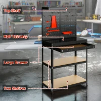 HOMCOM Banco da Lavoro con Pannello Portautensili Forato, 2 Ripiani e Cassetto, in Acciaio e Legno, 80x40.5x155 cm, Nero(m-4)