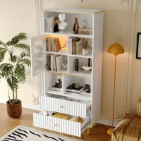 Bücherregal 180cm Multifunktionales mit Licht Mehrschichtige Aufbewahrung für Wohnzimmer und Home Office Weiß(m-5)