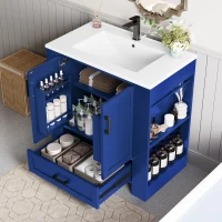 Moderner Badezimmerschrank 76cm mit Aufbewahrung und integriertem Keramikwaschbecken Blau(m-5)