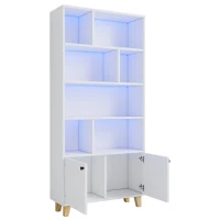 Bücherregal mit LED-Farbwechsel-Ambientelicht, Doppeltüren und mehreren Ablagefächern, 80 x 30 x 173 cm, Weiß(m-10)