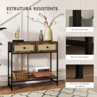 HOMCOM Mesa Consola Móvel de Entrada com Prateleira Aberta 2 Gavetas Frente em Vime Consola de Entrada 80x30x75 cm Marrom Rústico(m-6)
