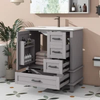 Bodenstehender Badezimmerschrank mit Waschbecken, vielfältiger Stauraum, 76 x 46 x 83,5 cm, Grau(m-4)