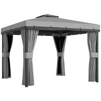 Outsunny 3 x 3(m) Patio Gazebo Canopy Garden Pavilion Tent Shelter Marquee with 2 Tier Roof, Netting and Curtains, Light Grey(m-10)