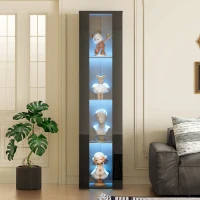 Multifunktionale Vitrine mit Glastrennwand, LED-Farbwechsellicht, 40 x 29 x 170 cm, Schwarz(m-4)
