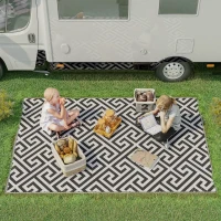 Outsunny 152 x 243 cm(5x 8ft) Outdoor Rug Reversible Mat Plastic Straw Rug Portable RV Camping Mat for Garden Deck Picnic Indoor, Black & White(m-10)