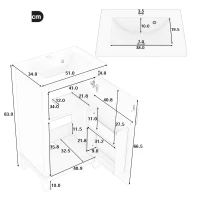 Freistehender Badezimmerschrank mit integriertem Keramikwaschbecken, verstellbaren Regalen, 51 x 34 x 83 cm, Weiß(m-3)