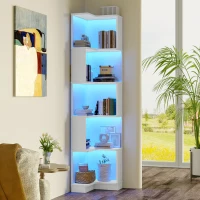 Raft de colț pentru cărți cu bandă de lumină LED cu schimbare de culoare, design în formă de L, spațiu de depozitare în cinci straturi, 63,5x45x175 cm, Alb(m-4)