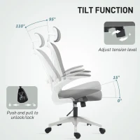 HOMCOM Executive Office Chair, Ergonomic Mesh High Back Desk Chair with Flip-up Armrest, Rotatable Headrest, Adjustable Lumbar Support for Home Study, Grey(m-9)