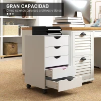 HOMCOM Cajonera Oficina con Ruedas y 5 Cajones Archivador Móvil, para Estudio Salón 40x40x67 cm Blanco(m-4)