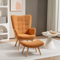 HOMCOM Accentstoel met Kruk, Relaxstoel in Corduroy-Look, Stoel met Armleuningen en Houten Poten, voor Woonkamer, Bruin(m-10)