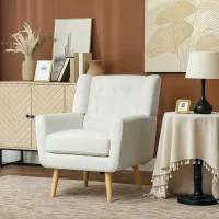 HOMCOM Fauteuil met Armleuningen, Oorfauteuil, Gepolsterde Stoel, Houten Poten, Knoopstiksels, Wit(m-10)