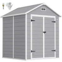 Outsunny 6 x 5ft Garden Shed, Plastic Shed with Floor, Window, Lockable Doors and Vents, Wood Effect Resin Tool Shed for Outdoor Patio, Dark Grey(m-10)