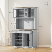 HOMCOM Armário de Cozinha com 3 Portas de Vidro Compartimento Aberto 2 Gavetas e Prateleiras Ajustáveis 100x40x180 cm Cinzento(m-3)