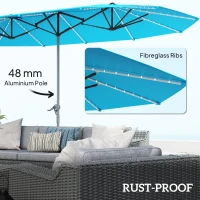 Outsunny Dubbele Parasol met Zonne-energie Verlichting, Aluminium, Polyester, UPF50+ Bescherming, UV-bestendig, Terrasparasol, Blauw(m-6)