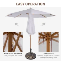 Outsunny 3 m Garden Parasol with Base, Pulley Operated Patio Umbrella, Wooden Parasol, Table Market Umbrella with Rope Pulley Mechanism and 8 Ribs, White(m-4)