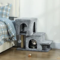 PawHut Échelle pour chat 4 marches réglable avec 2 niches et griffoir — Gris(m-2)