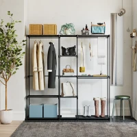 HOMCOM Dulap Garderobă din Material Textil cu 8 Rafturi și 3 Bare pentru Agățat, 182x43x185 cm, Negru(m-8)