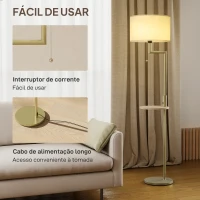 HOMCOM Candeeiro de Pé com Mesa Auxiliar Lâmpada E27 Máx. 40W Ecrã de Linho Interruptor de Corrente e Carregador USB Ø40x170 cm Dourado(m-7)