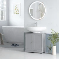 kleankin 60x60cm Under-Sink Storage Cabinet w/ Adjustable Shelf Handles Drain Hole Bathroom Cabinet Space Saver Organizer Grey(m-7)