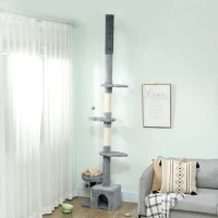 PawHut Árbol rascador suelo-techo ajustable 225-255 cm, torre multiescalonada en felpa, gris(m-2)