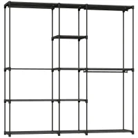 HOMCOM Dulap Garderobă din Material Textil cu 8 Rafturi și 3 Bare pentru Agățat, 182x43x185 cm, Negru(m-1)
