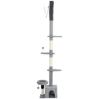 PawHut Árbol rascador suelo-techo ajustable 225-255 cm, torre multiescalonada en felpa, gris(m-7)