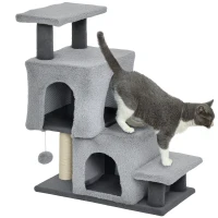 PawHut Échelle pour chat 4 marches réglable avec 2 niches et griffoir — Gris(m-6)