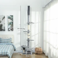 PawHut Árbol rascador suelo-techo ajustable 225-255 cm, torre multiescalonada en felpa, gris(m-3)